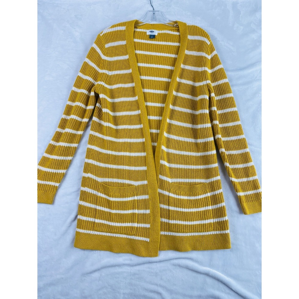 Old Navy Knit Open Cardigan Sweater Sz M Mustard Yellow Striped Cotton Blend - Picture 2 of 12